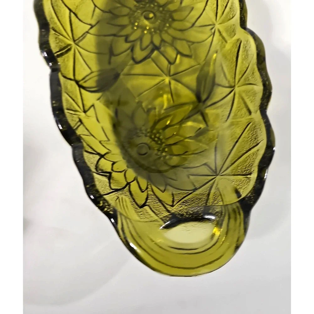 Vintage Indiana Glass Lily Pons Avocado Green Sunflower Oval Relish Tray Dish